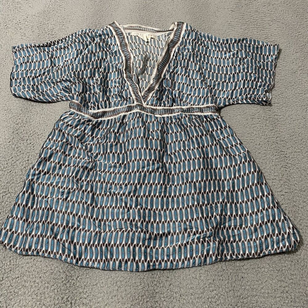 Studio M Top Womens XL Blue Brown Geometric 100% Silk Babydoll Fairy Boho Y2K
